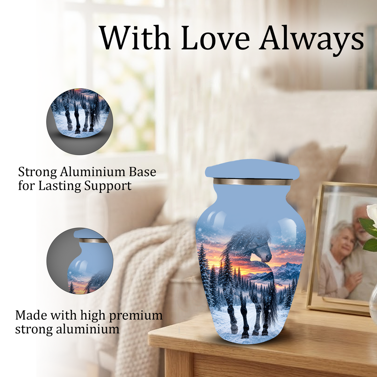 Snowy Horse Cremation Urn for Adult Ashes, Black Horse in Winter Forest Memorial Urn, Personalized Urn for Human Ashes