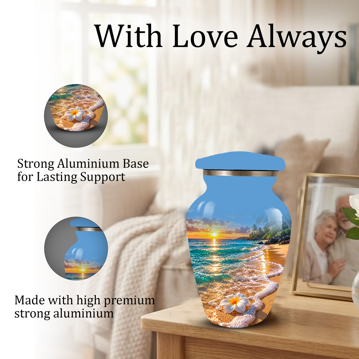 Tropical Beach Sunset Memorial Urn, Plumeria Flower Urn for Human Ashes