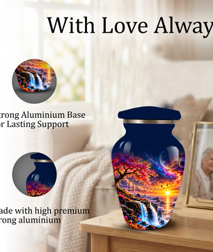 Personalized Adult Cremation Urn for Ashes, Custom Memorial Urn, Fantasy Sunset Waterfall and Cherry Blossom Design