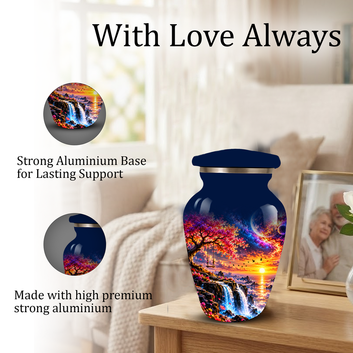 Personalized Adult Cremation Urn for Ashes, Custom Memorial Urn, Fantasy Sunset Waterfall and Cherry Blossom Design