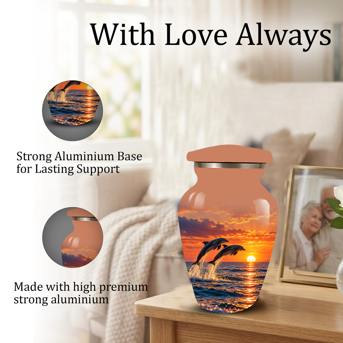Dolphin Cremation Urn for Ashes, Ocean Sunset Design, Custom Adult Urn for Loved Ones