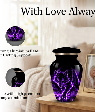 Purple Wolf Cremation Urn for Ashes | Personalized Wolf Memorial Urn | Black Wolf Adult Urn