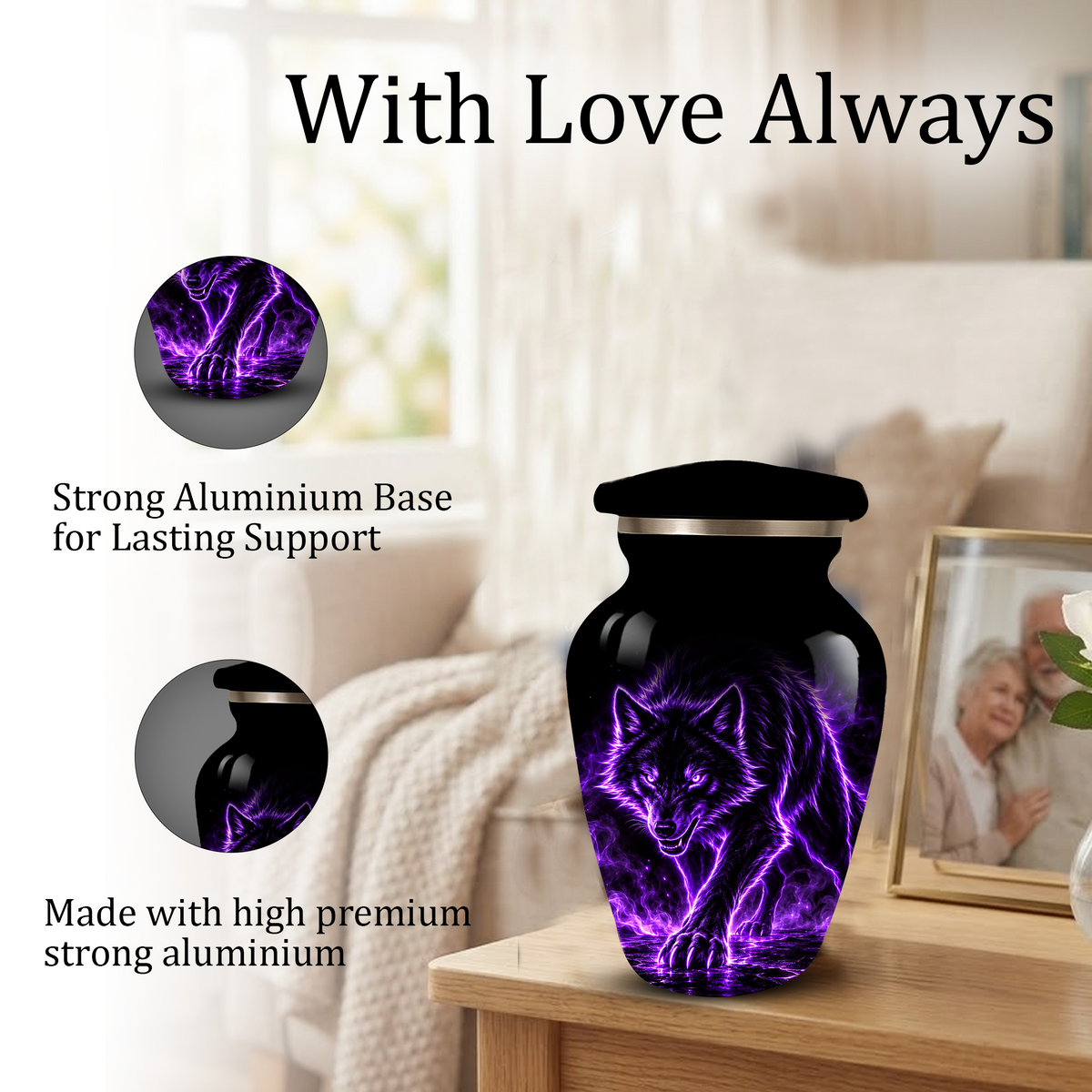 Purple Wolf Cremation Urn for Ashes | Personalized Wolf Memorial Urn | Black Wolf Adult Urn