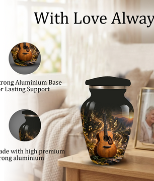 Personalized Guitar Cremation Urn for Ashes, Musical Instrument Urn with Golden Music Notes, Custom Music Lover Urn