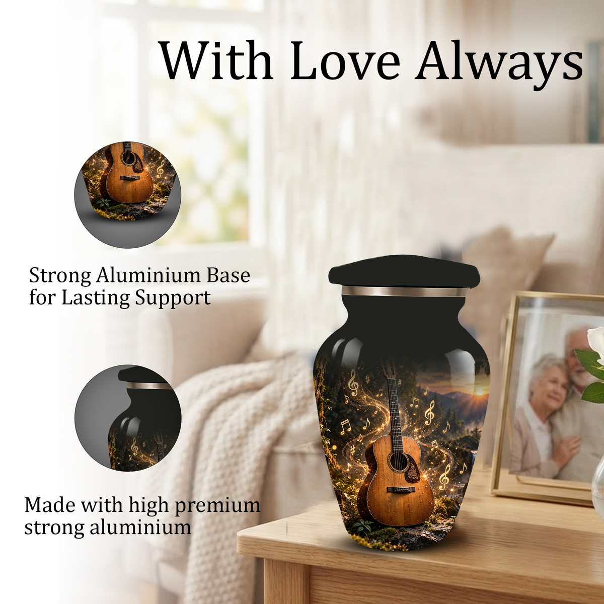 Personalized Guitar Cremation Urn for Ashes, Musical Instrument Urn with Golden Music Notes, Custom Music Lover Urn