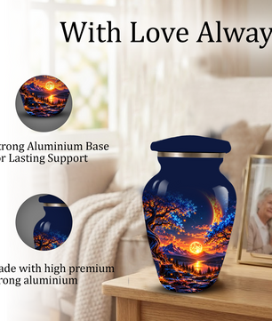 Celestial Moon Cremation Urn for Adult Ashes,  Glowing Crescent Moon, Sunset Mountains and Starry Lake Artwork