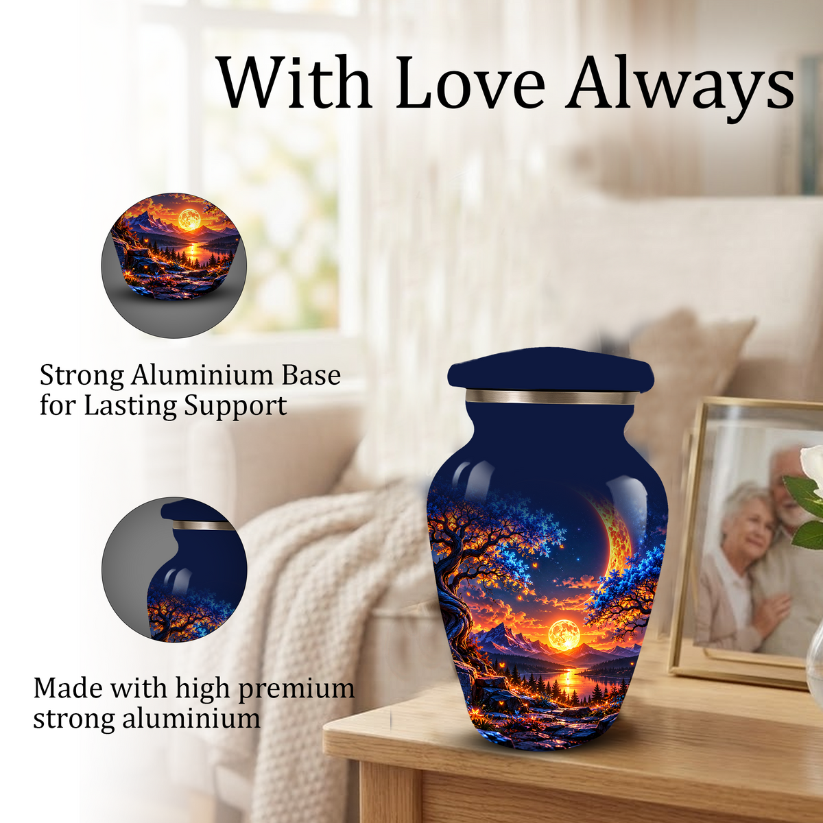 Celestial Moon Cremation Urn for Adult Ashes,  Glowing Crescent Moon, Sunset Mountains and Starry Lake Artwork