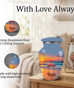Flamingo Cremation Urn for Ashes, Romantic Beach Sunset Design, Custom Urn for Loved Ones