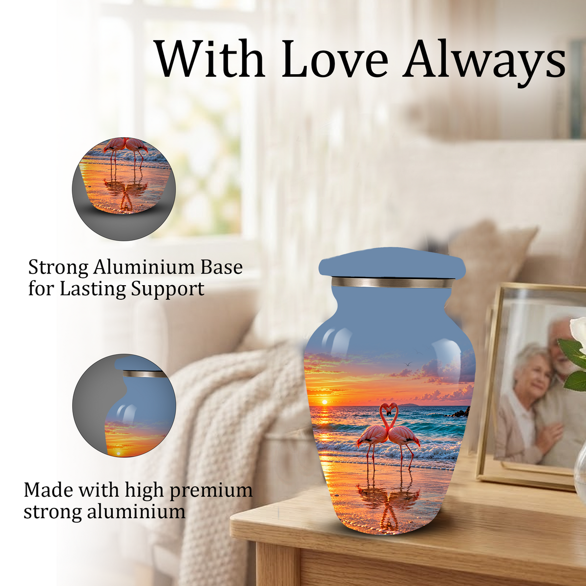 Flamingo Cremation Urn for Ashes, Romantic Beach Sunset Design, Custom Urn for Loved Ones