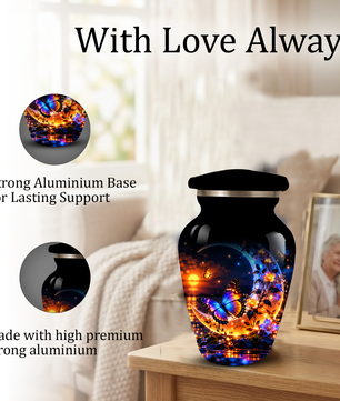 Butterfly Moon Cremation Urn for Adult Ashes, Personalized Adult Memorial Urn with Sunset and Floral Design