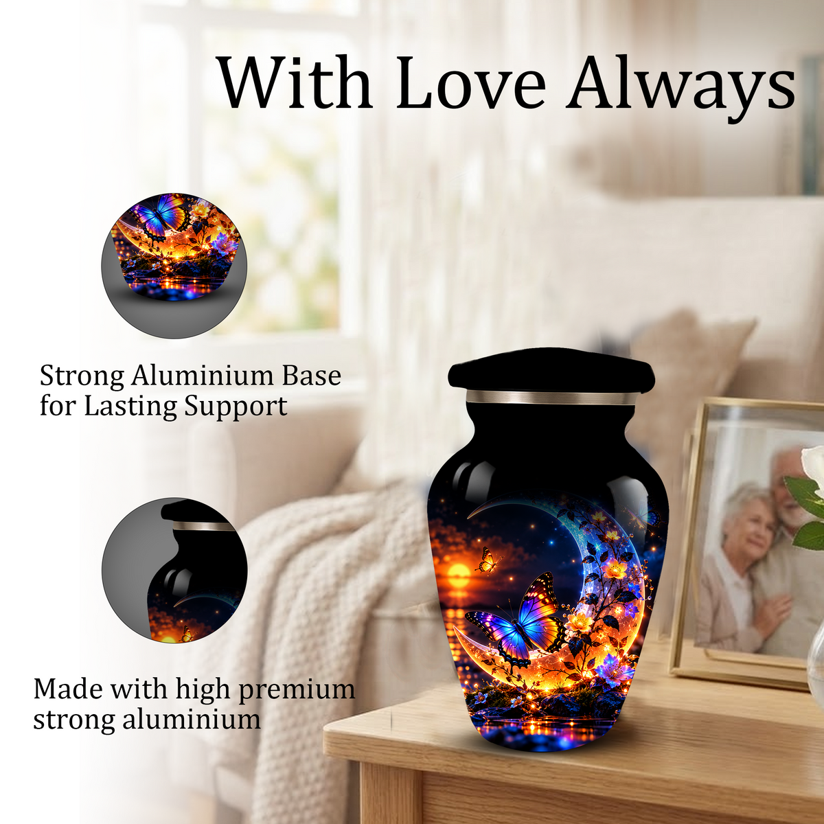 Butterfly Moon Cremation Urn for Adult Ashes, Personalized Adult Memorial Urn with Sunset and Floral Design