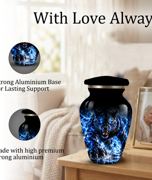 Black Panther Cremation Urn for Ashes, Blue Lightning Big Cat Urn for Human Ashes