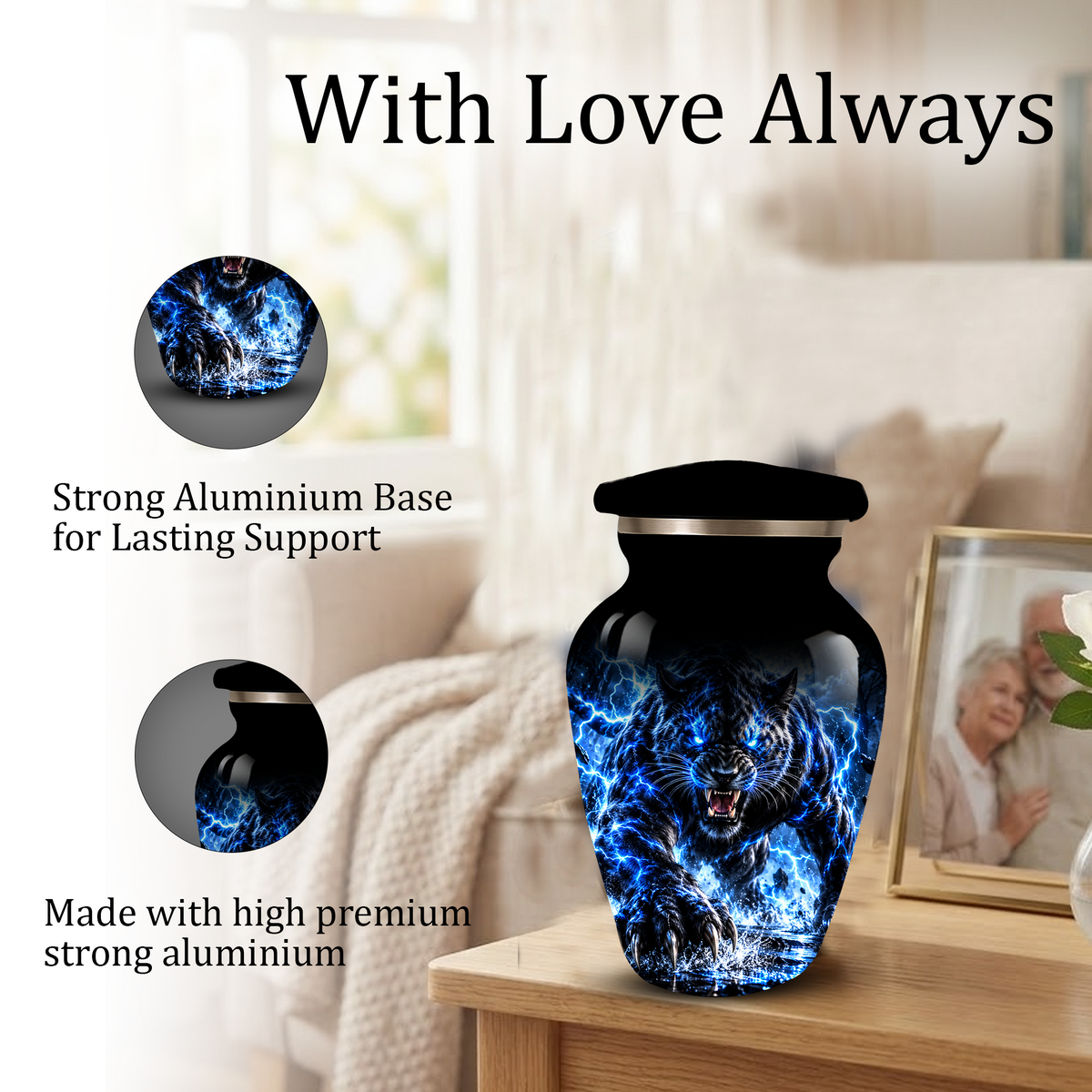 Black Panther Cremation Urn for Ashes, Blue Lightning Big Cat Urn for Human Ashes