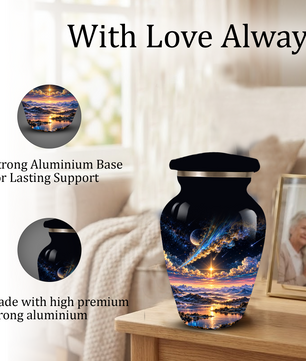Personalized Adult Cremation Urn for Ashes, Custom Memorial Urn, Galaxy and Mountain Sunset Design