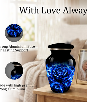 Blue Rose Cremation Urn for Ashes | Personalized Memorial Urn for Human Ashes | Handmade Aluminum Adult Urn