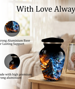 Personalized Adult Cremation Urn for Ashes, Fire and Ice Wolf Warrior Memorial Urn, Custom Aluminum Urn