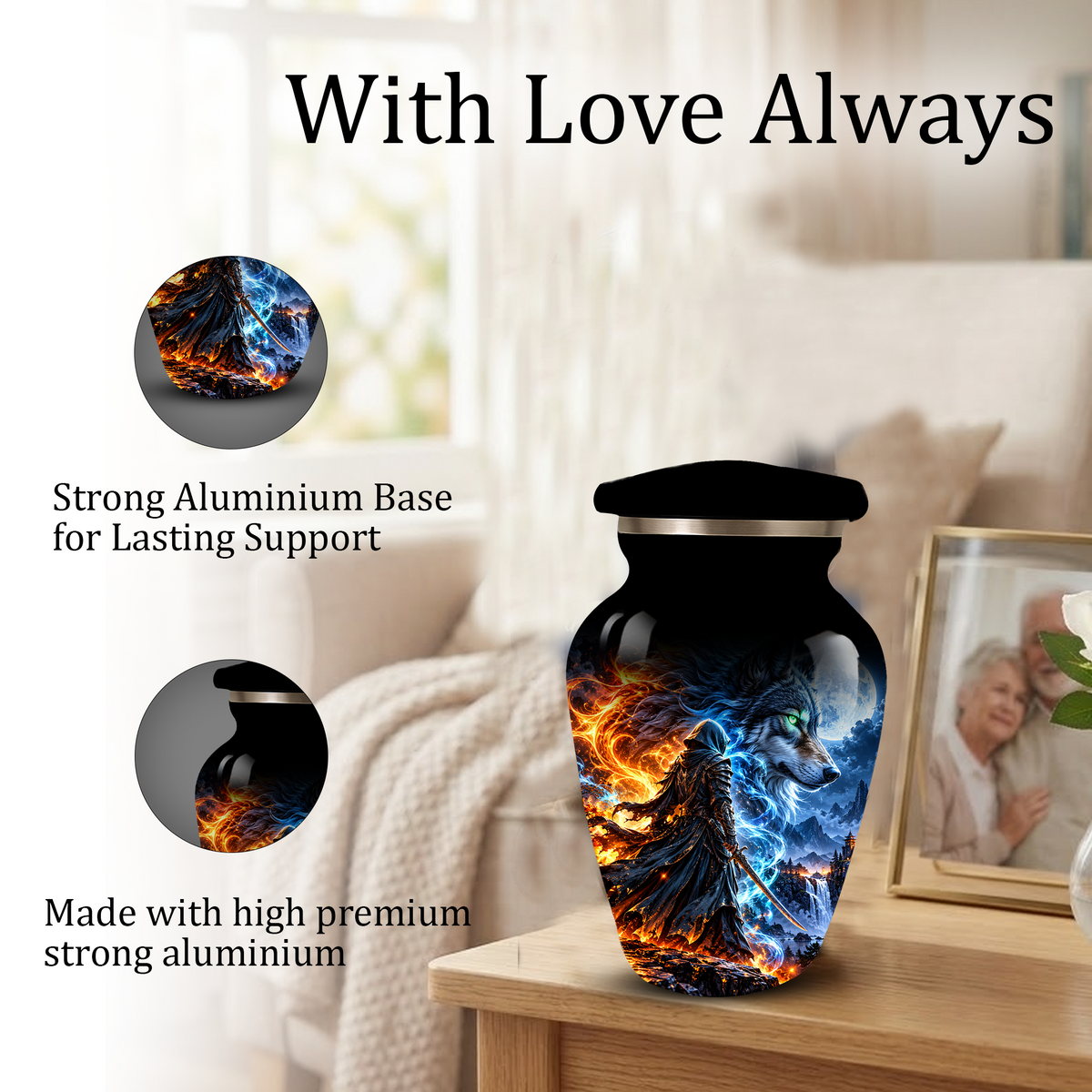 Personalized Adult Cremation Urn for Ashes, Fire and Ice Wolf Warrior Memorial Urn, Custom Aluminum Urn