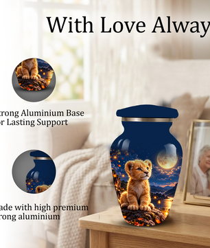 Personalized Adult Cremation Urn for Ashes, Baby Lion Under Golden Moon Memorial Urn