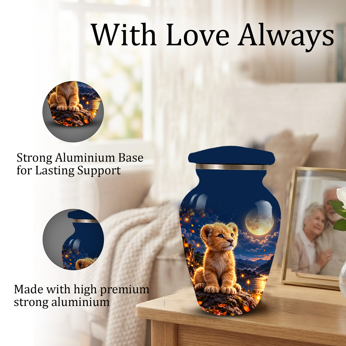 Personalized Adult Cremation Urn for Ashes, Baby Lion Under Golden Moon Memorial Urn