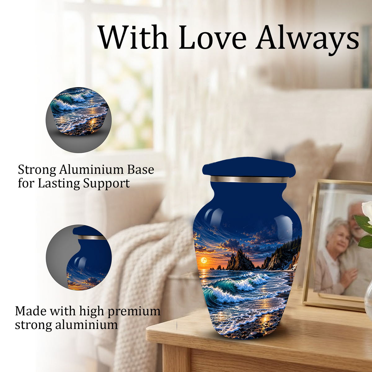 Personalized Adult Cremation Urn for Ashes, Custom Memorial Urn, Ocean Waves and Sunset Design