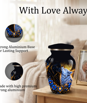 Personalized Wolf Cremation Urn for Ashes, Black and White Wolf Memorial Urn, Blue Floral Adult Urn, Custom Adult Urn