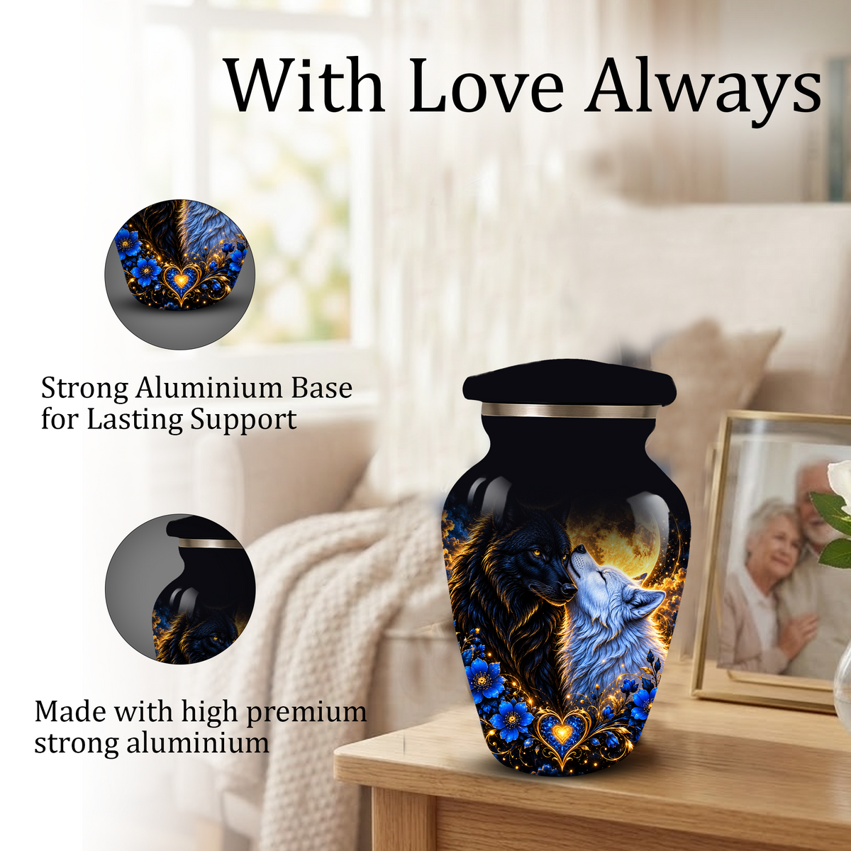Personalized Wolf Cremation Urn for Ashes, Black and White Wolf Memorial Urn, Blue Floral Adult Urn, Custom Adult Urn