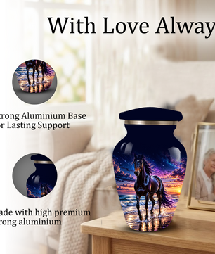Personalized Adult Cremation Urn for Ashes, Custom Horse Memorial Urn, Black Horse with Purple Mane and Galaxy Sunset Design