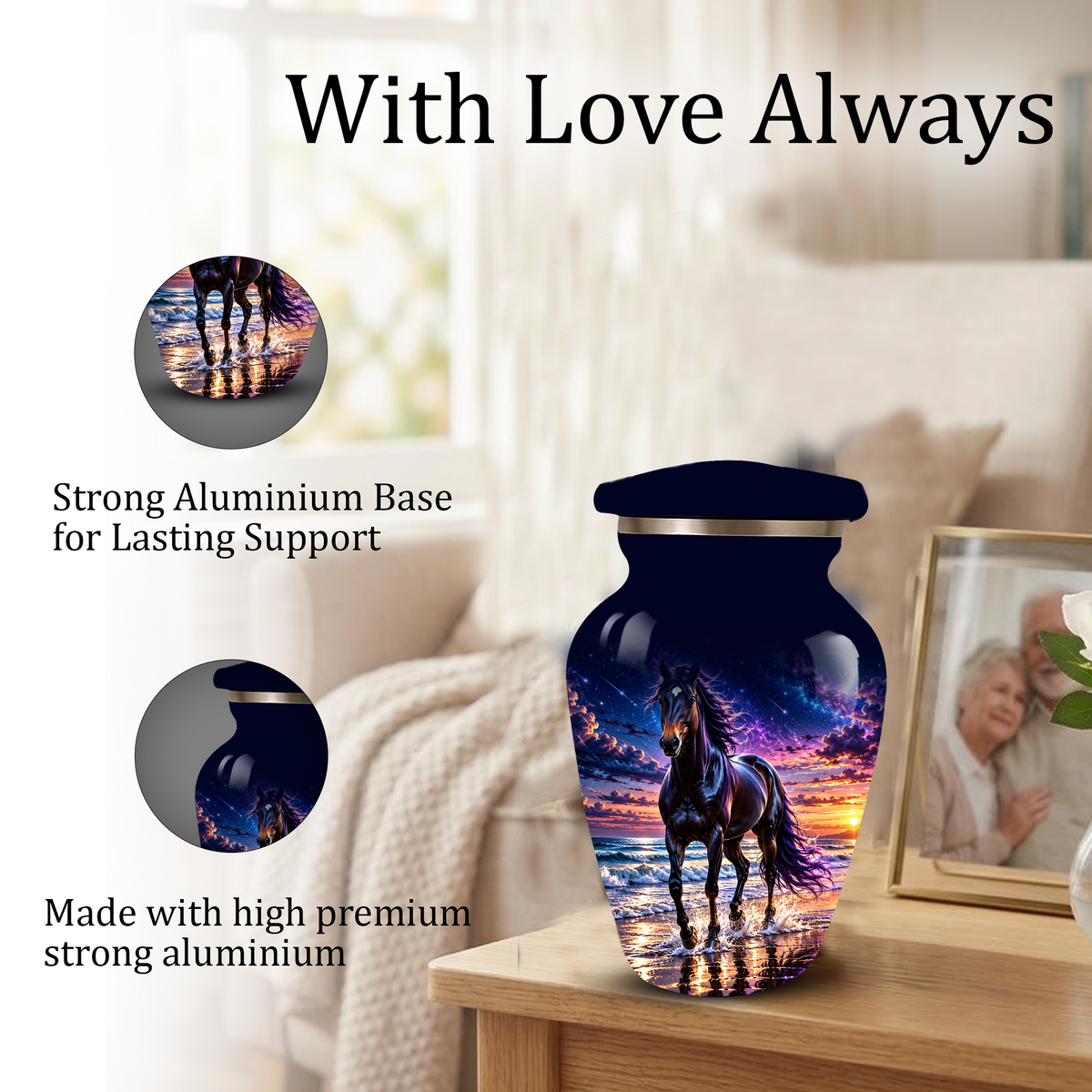 Personalized Adult Cremation Urn for Ashes, Custom Horse Memorial Urn, Black Horse with Purple Mane and Galaxy Sunset Design