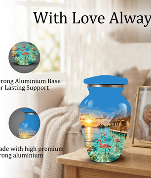 Adult Cremation Urn for Ashes, Personalized Aluminum Adult Urn, Tropical Beach Flamingo Memorial Urn
