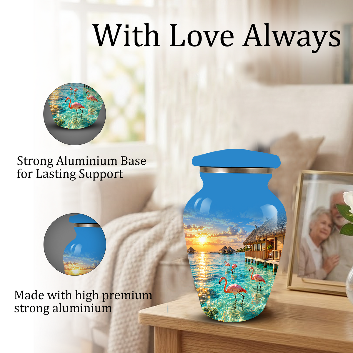 Adult Cremation Urn for Ashes, Personalized Aluminum Adult Urn, Tropical Beach Flamingo Memorial Urn