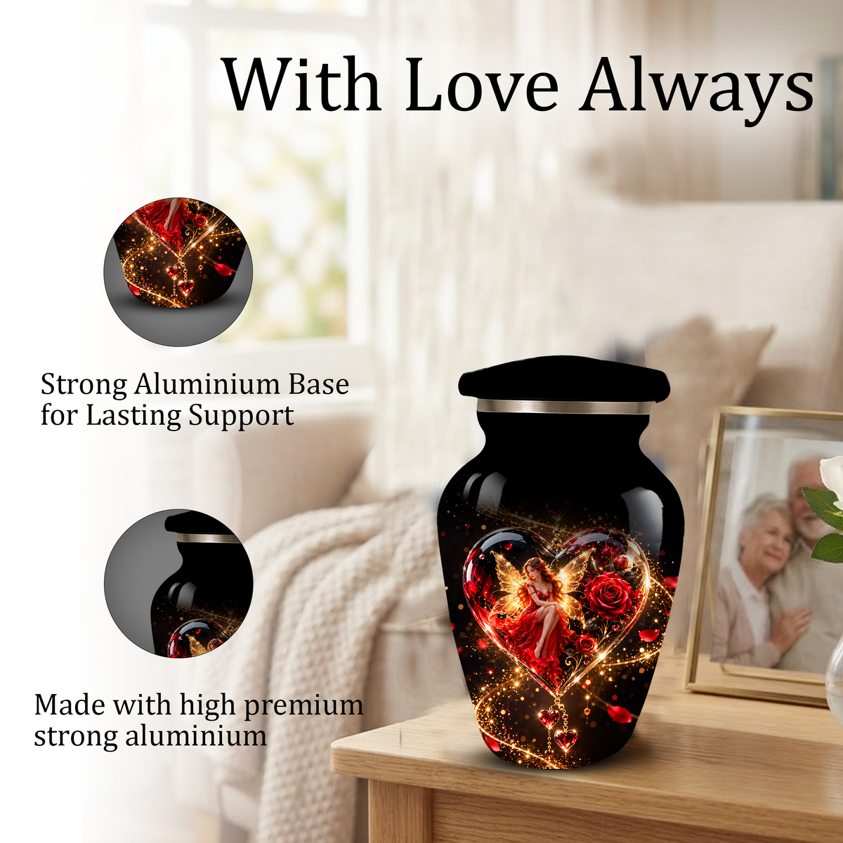 Red Rose Fairy Heart Cremation Urn for Adult Ashes, Personalized Memorial Urn with Romantic Heart Design