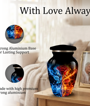 Red Rose Cremation Urn for Adult Ashes – Blue and Orange Flame Memorial Urn