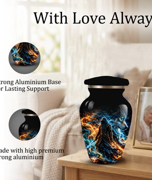 Personalized Adult Cremation Urn for Ashes, Custom Wolf Memorial Urn, Fantasy Warrior Blue and Orange Flame Artwork
