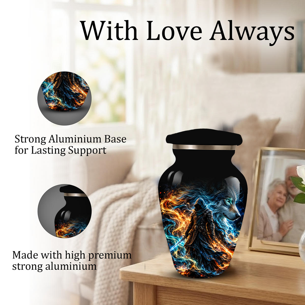 Personalized Adult Cremation Urn for Ashes, Custom Wolf Memorial Urn, Fantasy Warrior Blue and Orange Flame Artwork