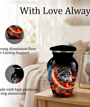 Personalized Wolf Cremation Urn for Ashes, Fiery Wolf Adult Memorial Urn,  Custom Adult Urn