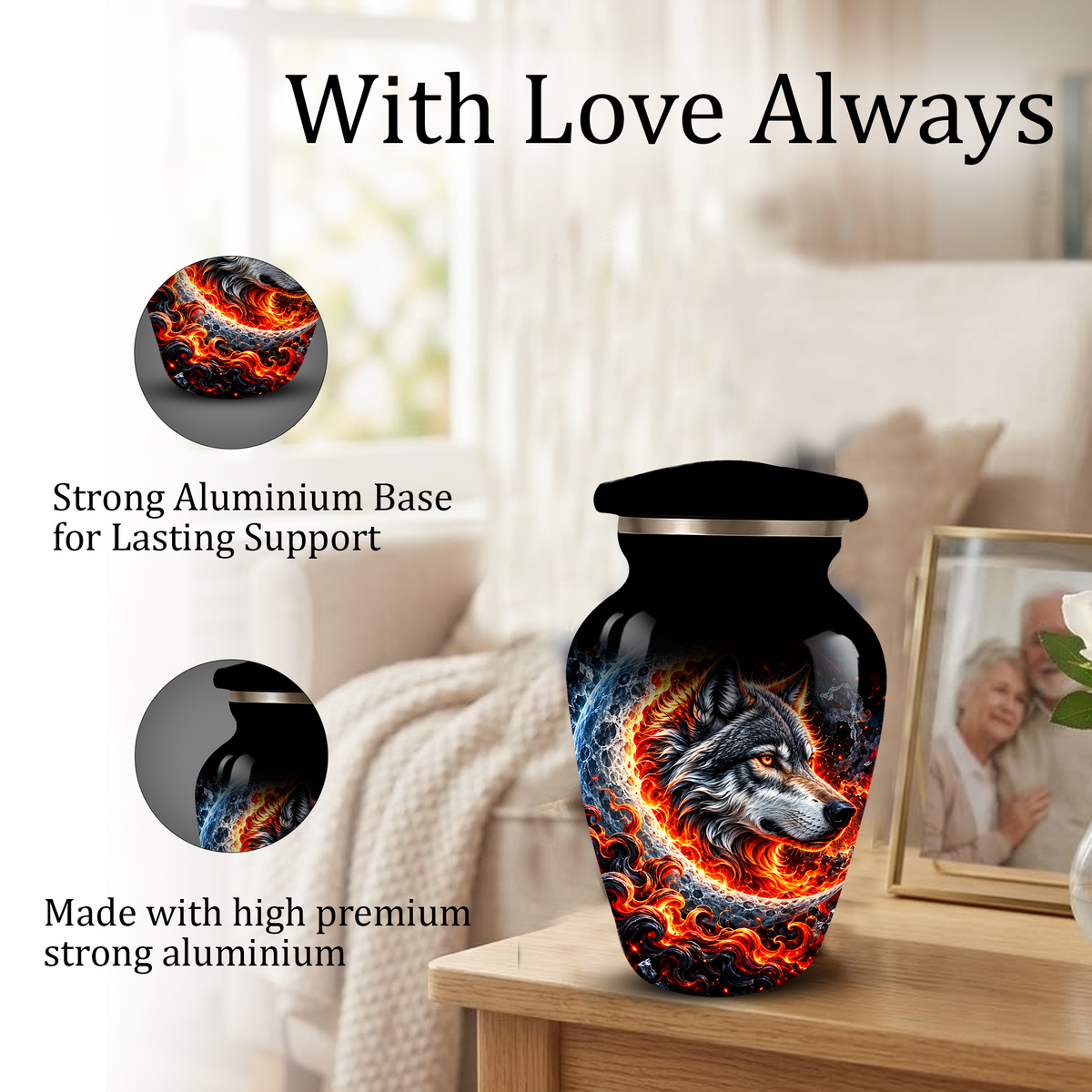 Personalized Wolf Cremation Urn for Ashes, Fiery Wolf Adult Memorial Urn,  Custom Adult Urn
