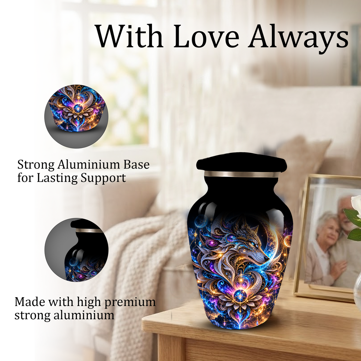Personalized Adult Cremation Urn for Ashes, Celestial Wolf Memorial Urn, Fantasy Wolf Aluminum Cremation Urn
