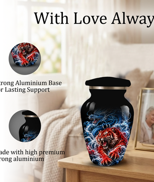 Personalized Adult Cremation Urn for Ashes, Custom Dragon and Tiger Memorial Urn, Blue Dragon Red Tiger Artwork