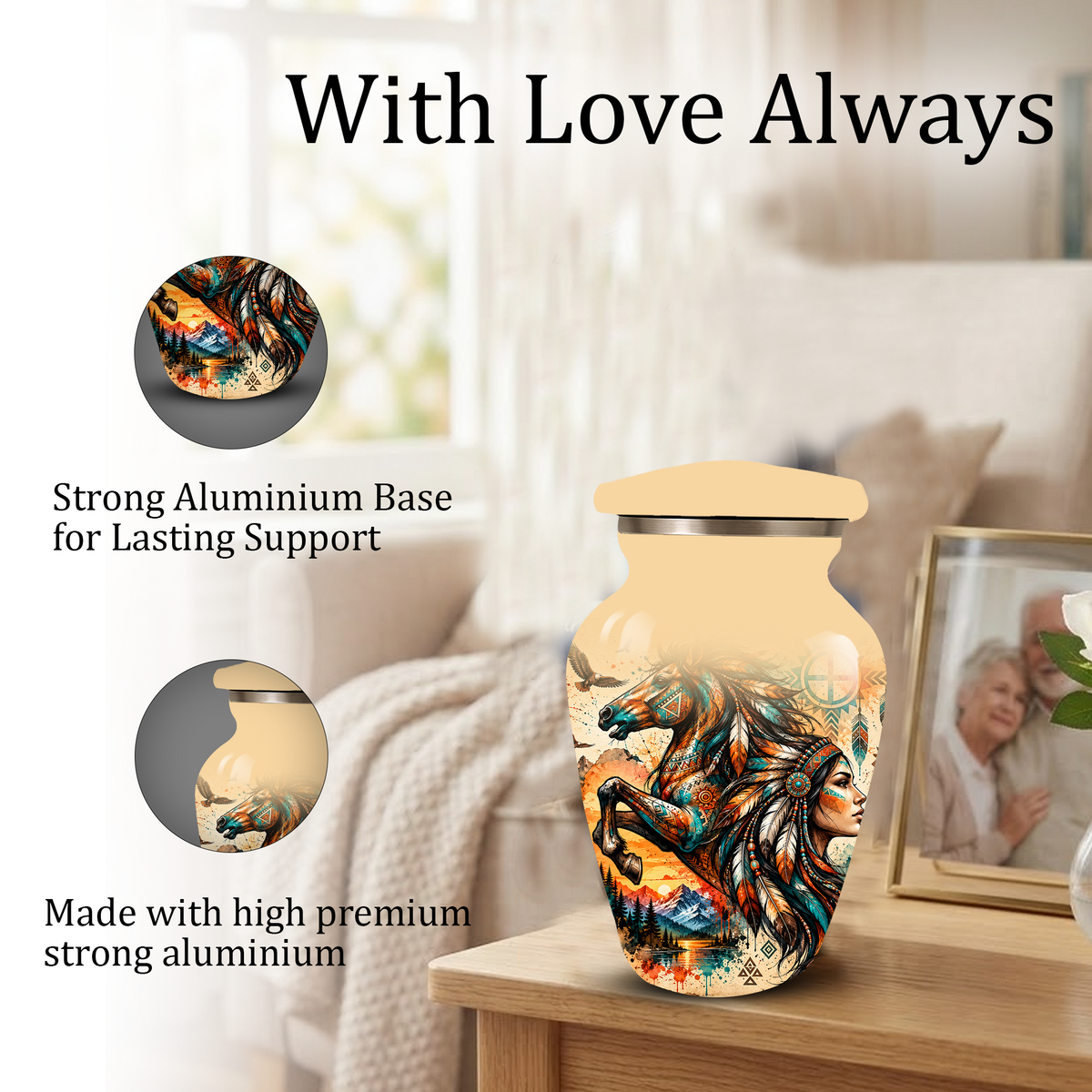 Personalized Adult Cremation Urn for Ashes, Native American Horse Memorial Urn, Tribal Horse Cremation Urn