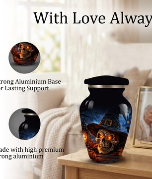 Halloween Skull Adult Urn for Ashes – Gothic Witch Hat Cremation Urn for Adults