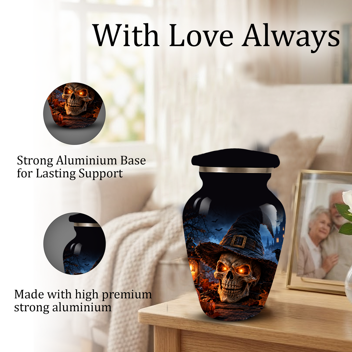 Halloween Skull Adult Urn for Ashes – Gothic Witch Hat Cremation Urn for Adults