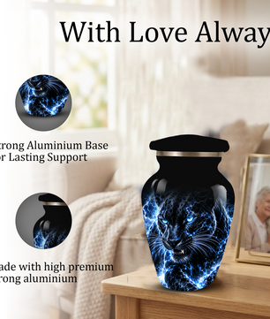 Personalized Adult Cremation Urn for Ashes, Custom Black Panther Memorial Urn, Blue Lightning Fantasy Animal Artwork