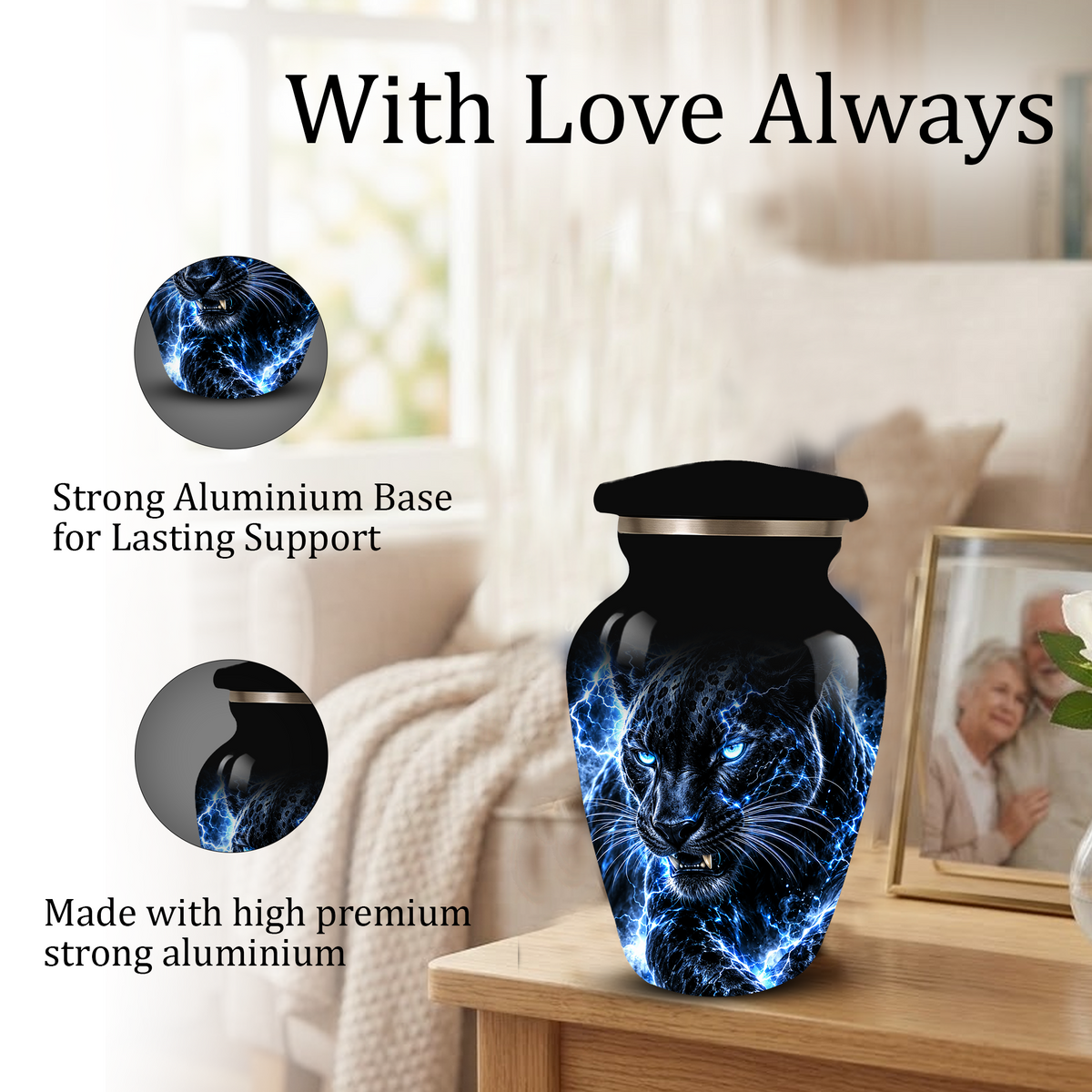 Personalized Adult Cremation Urn for Ashes, Custom Black Panther Memorial Urn, Blue Lightning Fantasy Animal Artwork