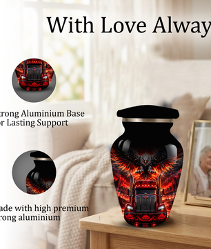 Personalized Adult Cremation Urn for Ashes, Custom Red Semi Truck and Fiery Eagle Memorial Urn, Truck Driver Urn