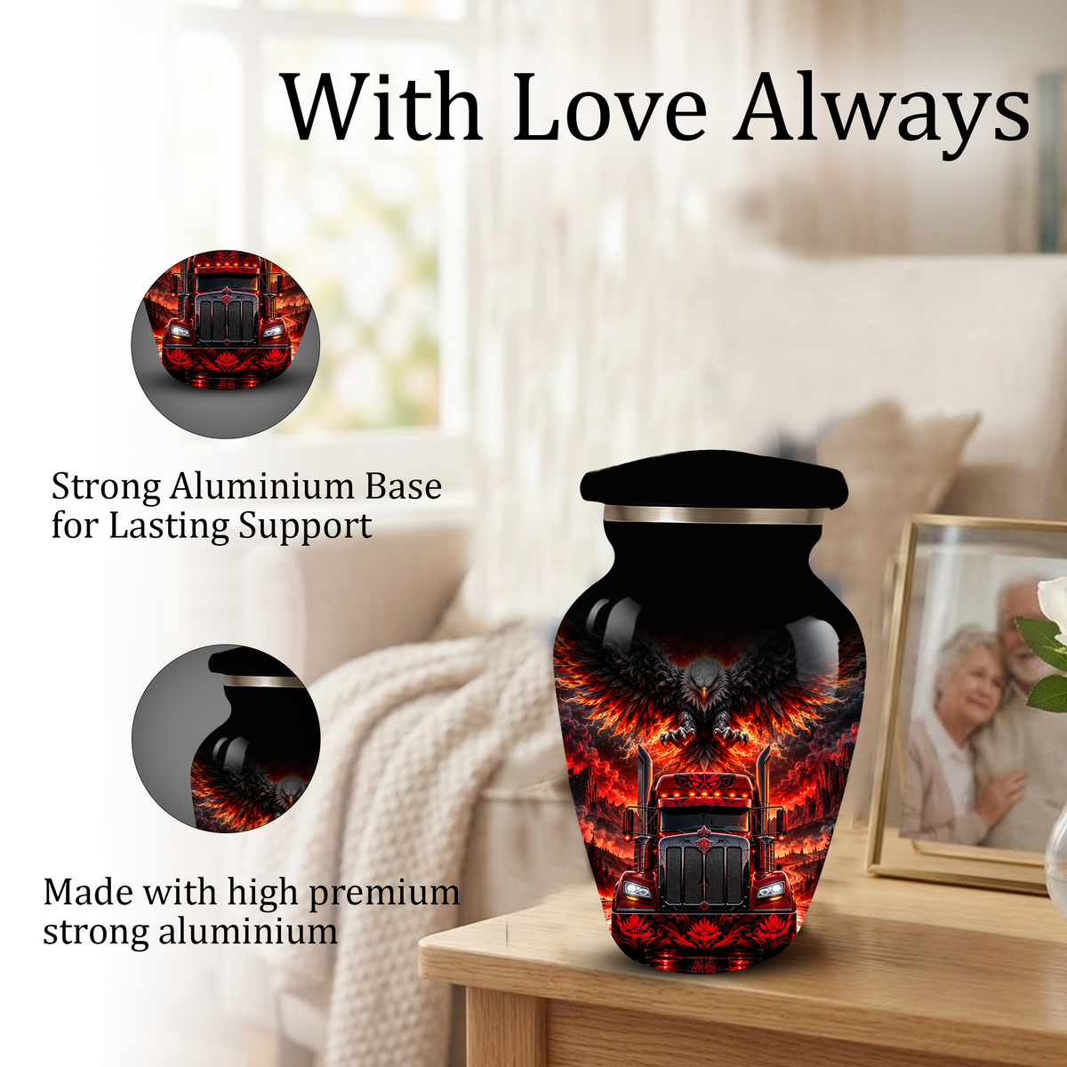 Personalized Adult Cremation Urn for Ashes, Custom Red Semi Truck and Fiery Eagle Memorial Urn, Truck Driver Urn