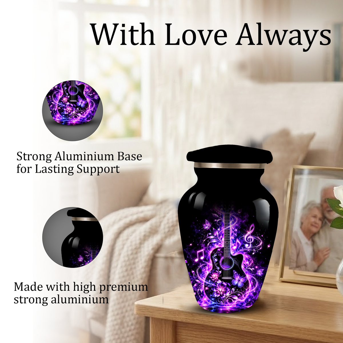 Personalized Guitar Cremation Urn for Ashes, Purple Music Memorial Urn, Custom Adult Cremation Urn