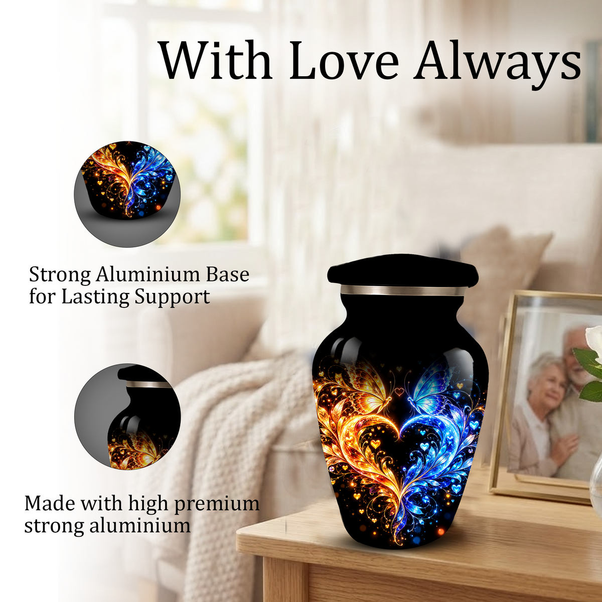 Butterfly Cremation Urn for Adult Ashes, Blue and Gold Butterflies Memorial Urn