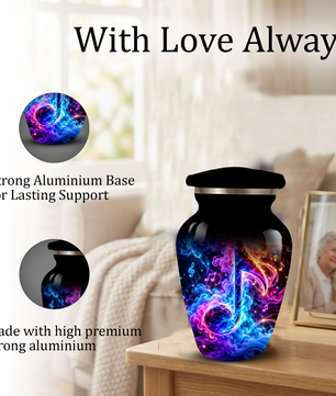 Musical Note Cremation Urn for Adult Ashes, Colorful Galaxy Music Memorial Urn, Adult Cremation Urn with Glowing Neon Treble Clef Artwork