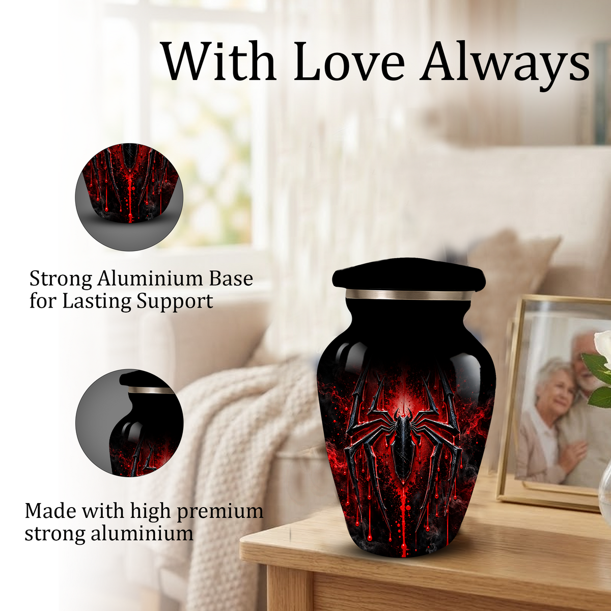 Black Spider Cremation Urn with Red Gothic Design – Adult Urn for Ashes