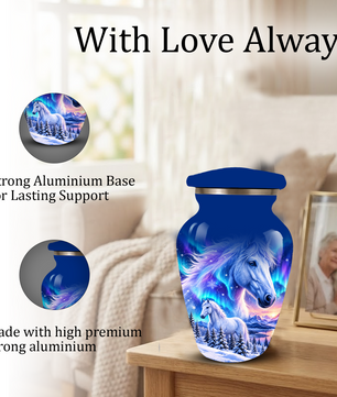 White Horse Cremation Urn for Adult Ashes, Blue Memorial Urn with Snowy Mountain and Northern Lights Artwork